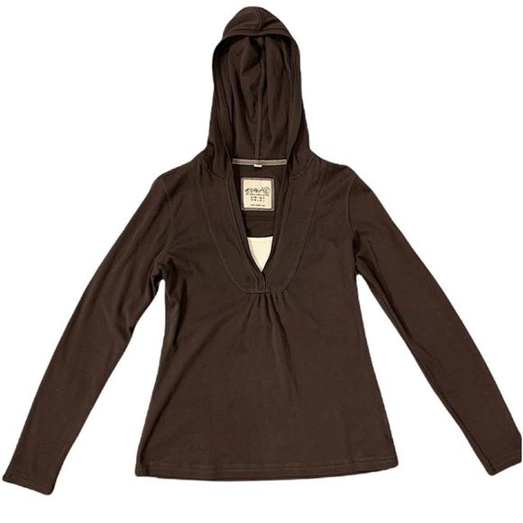 Espirit | Brown Hooded Long Sleeve V-neck Top - Picture 1 of 2
